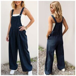 Oh 100% Cotton Plaid Wide Leg Overalls with Pockets Navy Blue Checkered
